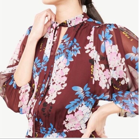 Ann Taylor Women’s Floral Tie Neck Shirt Dress Brown Pink Size‎ Small Petite - Picture 2 of 11